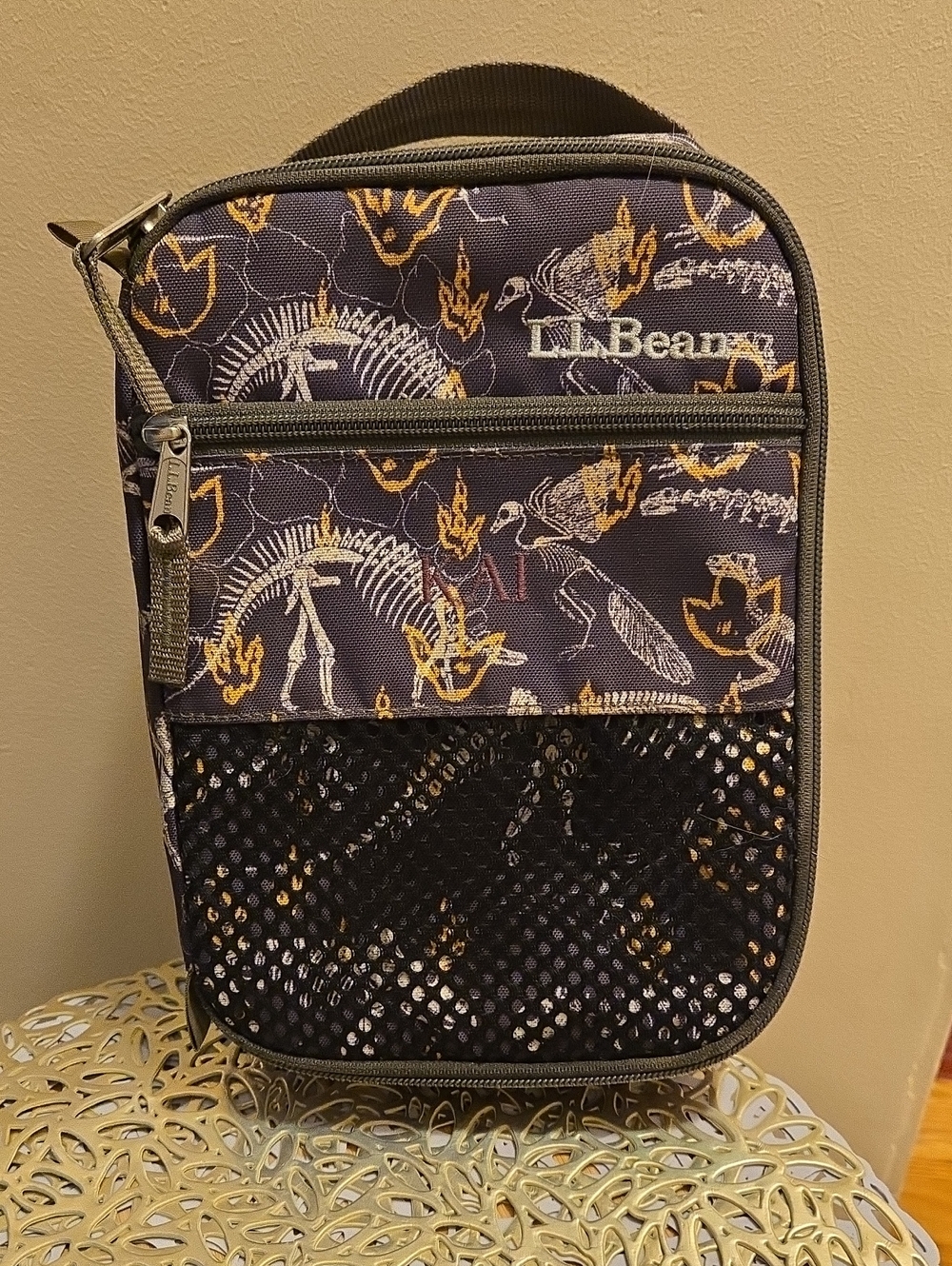 LL Bean brown dinosaur fossil print lunch bag